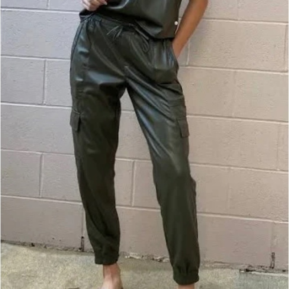 MELISSA NEPTON Olive Green Faux Leather Jogger Pants